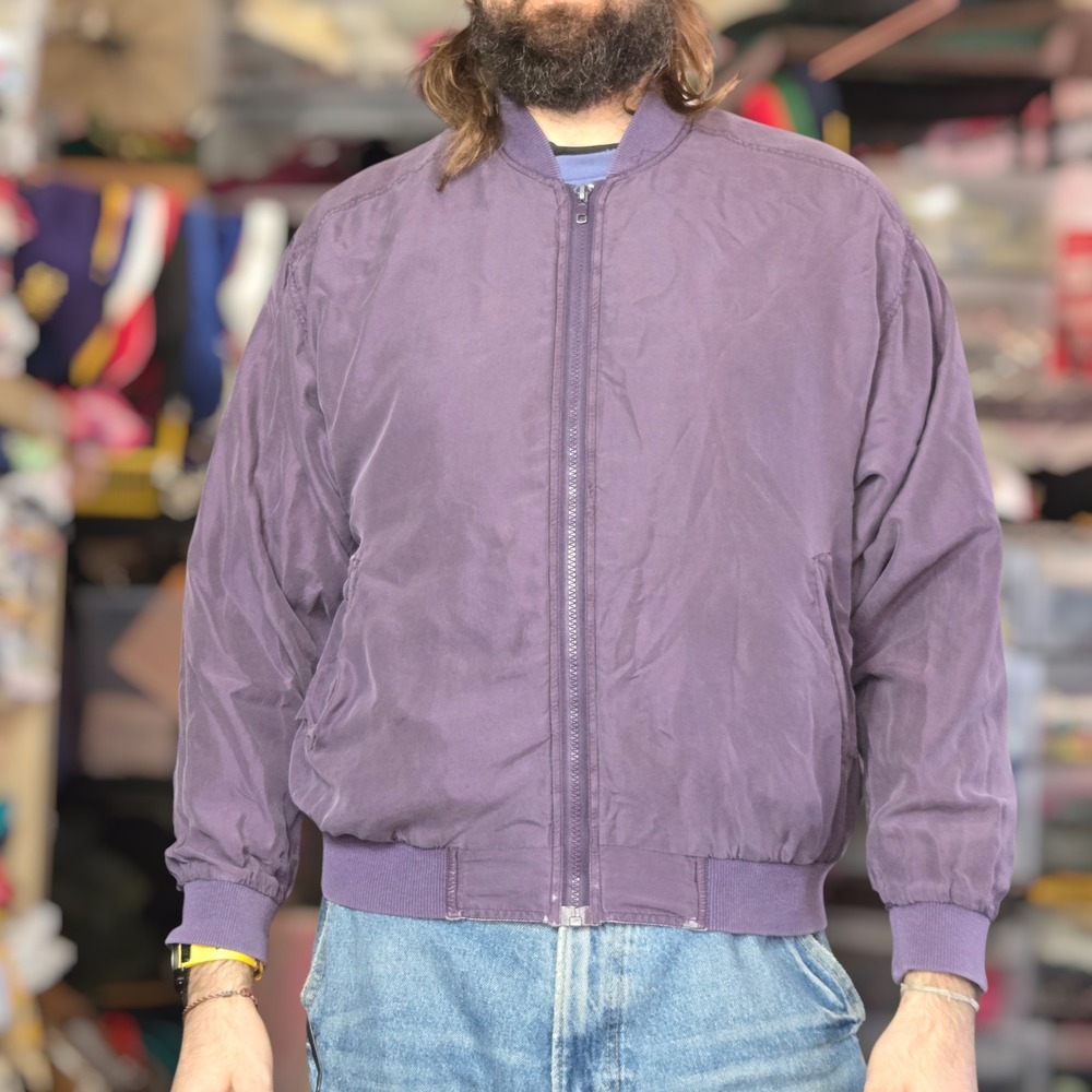 VTG On The Brink Silk Bomber Jacket Purple Womens S Fits Men M L XL Distressed